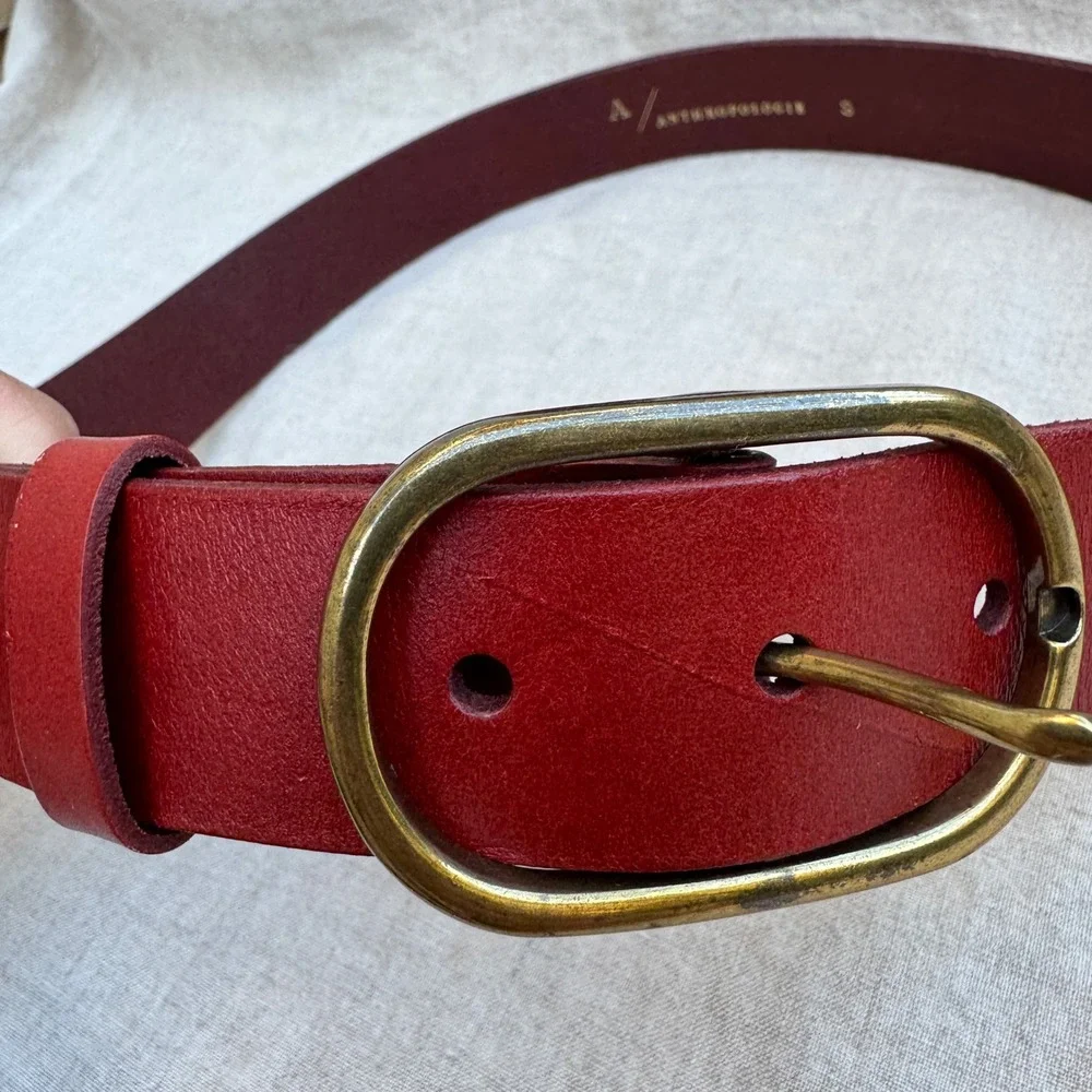 Anthropologie Belt small Red Leather Antique Brass Oval Buckle Boho Minimalist